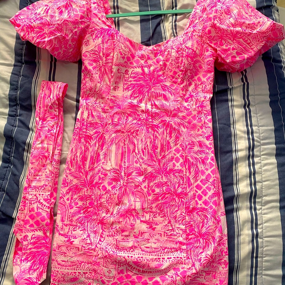 Lilly Pulitzer Merian Puff-Sleeve Tie Dress-Size 10- pink and white in color